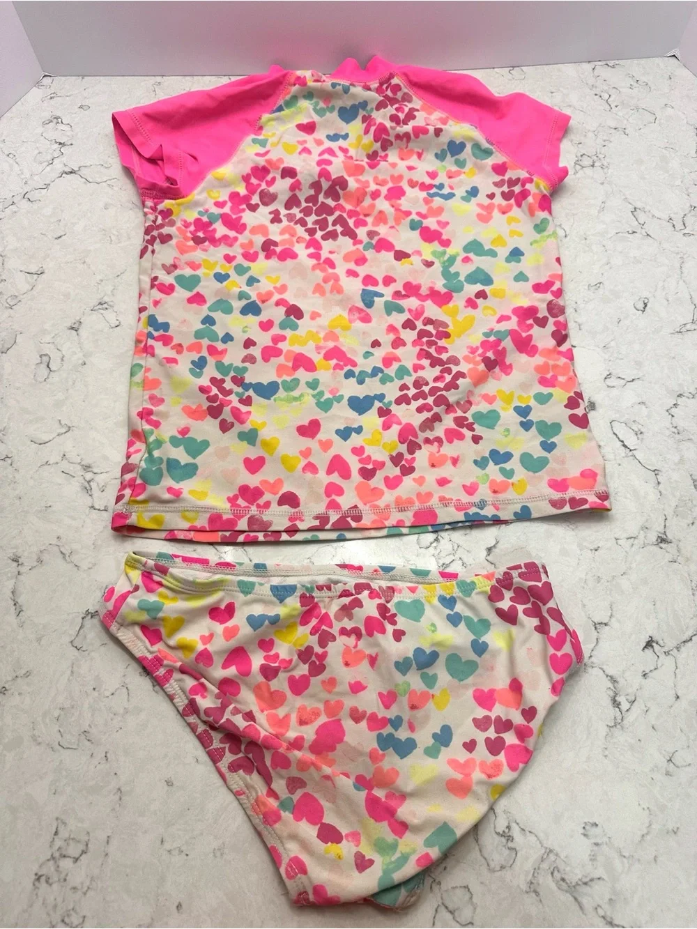 Children's Place Girls Rash Guard Swimsuit Size 7/8 2-Piece Short Sleeve Hearts